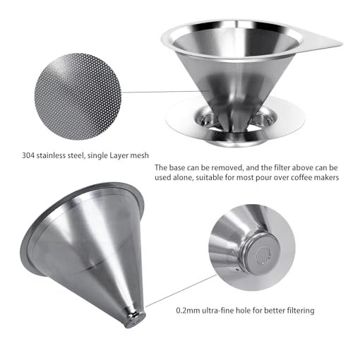 LHS Pour Over Coffee Dripper Reusable Coffee Filter Paperless Coffee Filter Stainless Steel Pour Over Coffee Maker Cone Coffee Dripper for 1-2 Cup,Silver - color: single mesh 1-2 cups Shiny Silver