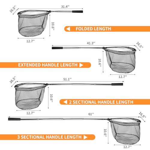 Yeahmart Fishing Landing Net with Telescopic Aluminum Handle Pole, Collapsible Nylon Mesh Minnow Fish Net for Saltwater & Freshwater, Portable Fishing Gear for Kids, Men, Women, Extends 21-75 Inches - style: 61.4" Full Length (4 Sectional Handle)