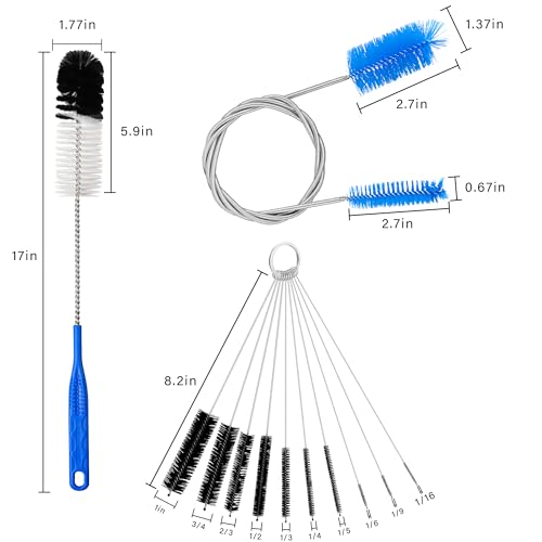 12Pcs Glass Tube Pipe Cleaners Brush Kit,Long Nylon Straw Brush for Glass Funnel and Bottle,17-inch Long Handle,8.2-in Different Diameters Brushes,35-in Flexible Double-Ended Hose Tool (Blue)
