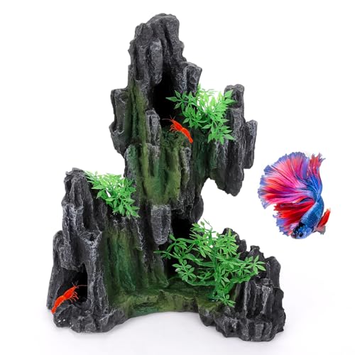 Large Rockery Aquarium Decoration Resin - Mountain View Stone Fish Tank Ornament with Small Caves-Approx. 9.7" L x 5.9" W x 11.8" H(Rockery) - color: Rockery