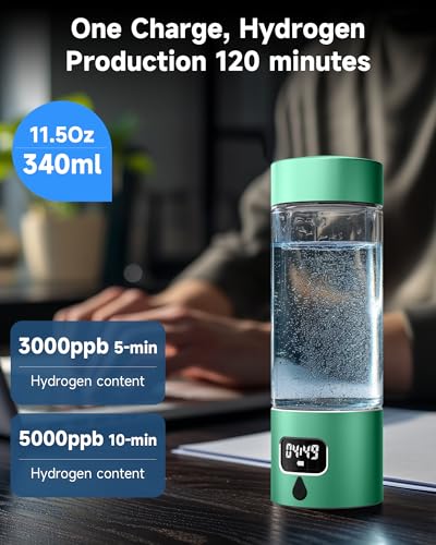 Hydrogen Water Bottle - Portable, Rechargeable, LED Timer, Aluminum and Glass, 5000 PPB Hydrogen in 10 Minutes, 340ml Capacity, for Husband, Friend & Family, for Travel, Sports, Home, Office(Green) - color: Green