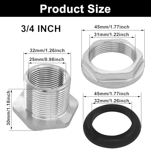 Murtenze 3/4" Bulkhead Water Tank Connector, Stainless Steel Water Tank Fitting Thru-bulk Adapter, Water Pipe Connector for Rain Barrels/Aquariums/Water Tanks - size: 0.75 Inch