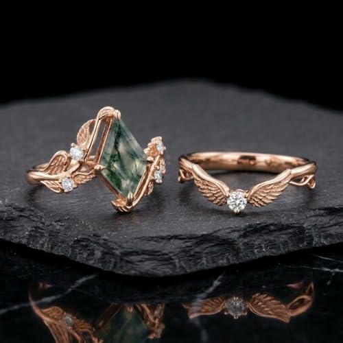 Natural Moss Agate Engagement Ring Set for Women, Unique Genuine Moss Agate Ring, 925 Sterling Silver 10K 14K 18K Solid Gold Nature Inspired Bridal Set, Boho Wedding Jewelry Gift - color: Eight