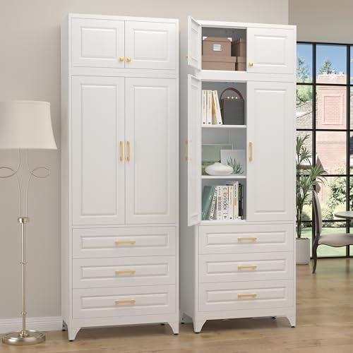 SteeLoong 90" Kitchen Pantry Cabinet with 3 Drawer,Metal Storage Cabinets with Doors and 4 Adjustable Shelves,White Kitchen Cabinet with 2 Gold Handles,Food Cupboard for Livingroom,Pantry, Bathroom - color: White, size: 90"H 3 Drawers