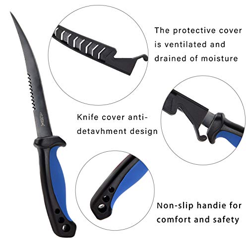 Fishing Knife, Fish Cleaning Kit 7 PC Set with Fish Knife, Fish Scale Cleaning Brush, Multi-Functional Scissors, Anti-Cutting Gloves, Fishbone Tweezers, Storage Bag