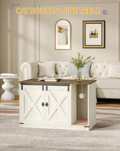 Hzuaneri Cat Litter Box Enclosure, Hidden Litter Box Cabinet Furniture with Bell, Indoor Cats House, Farmhouse Style, 39.4 x 21.7X 24.8 Inches for Hallway, Bedroom, Rustic Brown and White CB85214X - color: Rustic Brown and White, size: 39.4"L x 21.7"W x 2