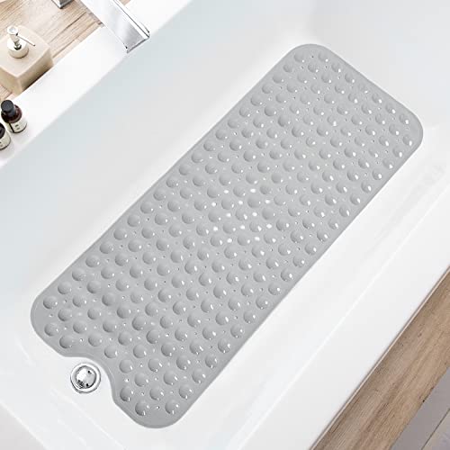 TEESHLY Bathtub Mats for Shower Tub, Extra Long Non-Slip 39 x 16 Inch Bath Mat with Drain Holes and Suction Cups, BathMat for Bathroom with Machine Washable (Opaque Gray) - color: Opaque Gray