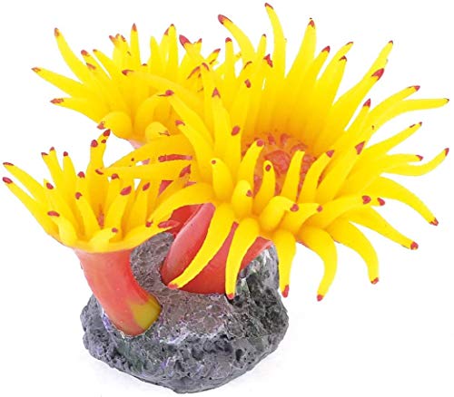Concrete Base Silicone Coral Anemone Aquarium Plant Decoration, Yellow