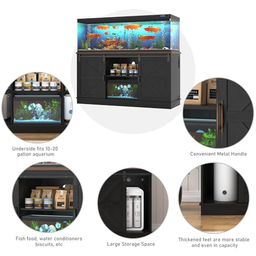 Hlivelood Farmhouse 75-120 Gallon Fish Tank Stand with Power Outlet, Aquarium Stand w/Cabinet&Sliding Barn Door, Heavy Duty Reptile Tank Stand for Fish/Turtle/Reptile Terrarium, 1000LB Capacity, Black - color: Black, size: 75-120 Gallon