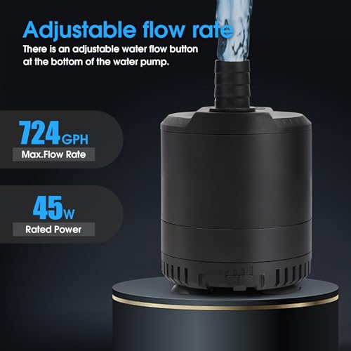 Aquarium submersible pump 109-724GPH, aquarium water pump, Adjustable water flow, Quiet operation,1 Nozzle,Suitable for fish tanks, ponds, aquariums, statues, hydroponic greens. - size: 45W