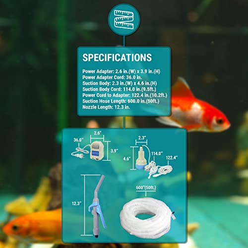 TERA PUMP TRAQUA-XXL Powerful Electric Pump for Extra Large Fish Tank Aquarium - 50 feet Hose/pump to 2nd floor, Flow Rate Control nozzle, Safety Double On Off Button with 3ft wire/Water Filter - size: 50-FT