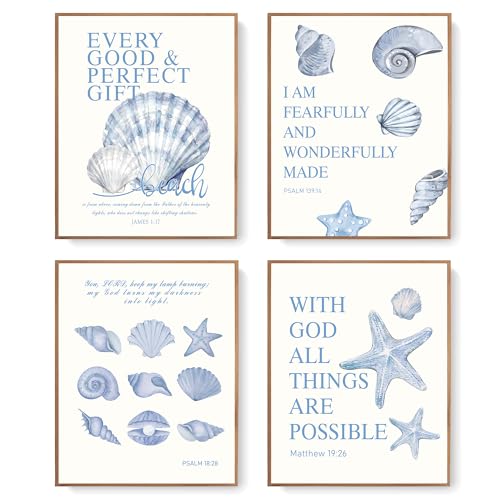 LARTSFRO Beach Ocean Blue Christian Bible Wall Art Decor Posters, Coquette Shells Christian Room Bathroom Bedroom Dorm Wall Art Decor Aesthetic for College Teen Girls Gifts, Inspirational Bible Verses Wall Decor, 10x8 Inch Set of 4 Pcs Summer Beach Pictur