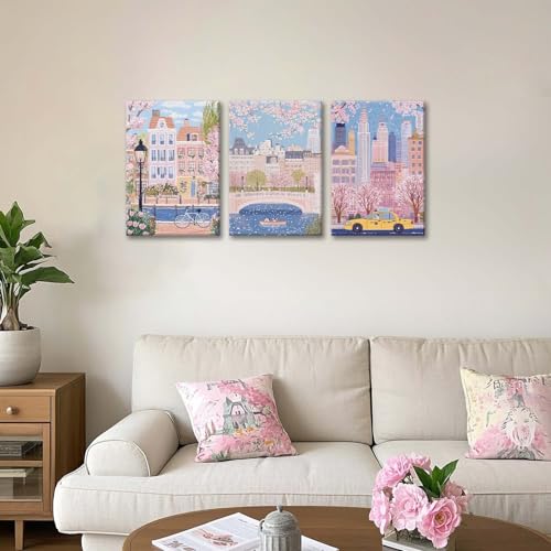 XLARTMY Watercolor City Landscape Travel Wall Art Canvas Framed Pink Cherry Flower Poster Girly Prints Painting Pictures Set of 3 for Bedroom Living Room Office 16x24in - color: Watercolor City PB, size: 16x24in Canvas