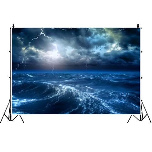 Renaiss 6x4ft Ocean Lightning Backdrop Sea Waves Dark Clouds Sky Night Thunder-Storm Rainy Photography Background for Nautical Baby Shower Kids Birthday Party Banner Photo Studio Props - color: Blue-a, size: 6x4ft