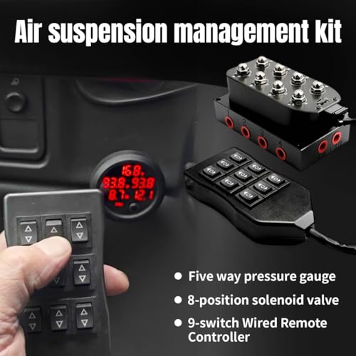 12V Solenoid Valve Air Ride Suspension manifold 8-Valve With 5M 9-switch Wired Remote Controller, equipped with five display air pressure gauge red - color: 5M-Control&Red Gauge