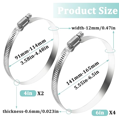 Dianrui 6PCS 6inch + 4inch Hose Clamps Stainless Steel 304 Duct Clamps Dry Vent Clamp Air Ducting Clamps Worm Hose Clamp for Plumbing, Automotive And Mechanical (91mm-165mm) - size: 6in+4in