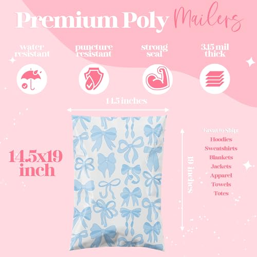 Pretty Package Store 14.5x19 Designer Poly Mailer 100 Pack Heavy Duty Waterproof Self Seal Shipping Bags for Small Business Large Mailing Envelopes Bulk Tear Resistant Packaging Blue Bows - color: Blue Bows, size: 14.5x19