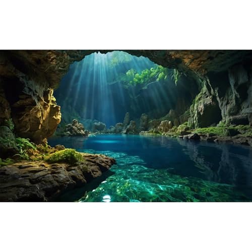Underwater Cave Aquarium Background Ocean Seaside Rock Cave Fish Tank Background Tropical Seashore Sunrays Blue Sky Terrarium Backgrounds Misty Stunning Seascape Reptile Tank Backgrounds 24x12in - color: Dark Blue, size: 24(W)x12(H)in