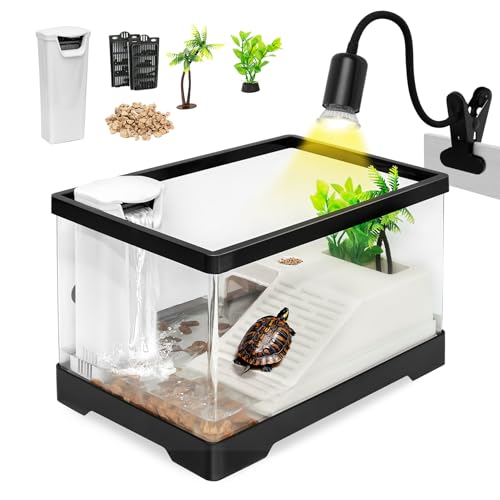 Small Turtle Tank Kit,All in One Red Eared Slider Aquarium,PC Aquatic for Baby Tortoise,Fishes and Amphibians, Includes Silent Filter,Filter Plates,UVB Lamp,Bulb,Plants,Stone,Basking Platform - size: Small(11.8*7*7.1inch)