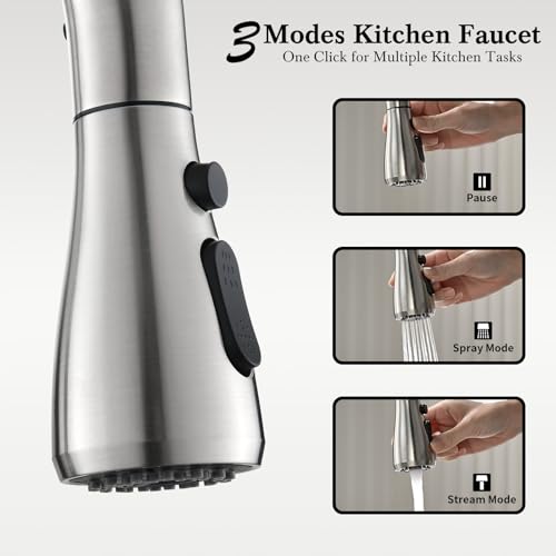 Ibergrif Kitchen Faucets with Pull Down Sprayer, Single Handle High Arc Brushed Nickel Stainless Steel 1 or 3 Hole Kitchen Sink Faucet with Deck for RV Laundry Farmhouse Bar