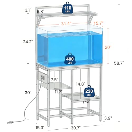 20-29 Gallon Fish Tank Stand, Aquarium Stand with Power Outlet, Heavy-Duty Reptile Terrarium Stand Table with Top Shelf for 20 Gal Long/High/Extra Long & 29 Gal, 30.7"L x 15.3"W x 30"H (Black) - color: Black, size: 20-29 Gallon
