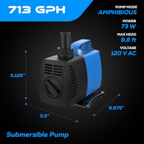 713 GPH Amphibious Submersible and Inline Water Pump - For Aquarium, Pond, Hydroponics, Fountain with Ceramic Shaft, 8.5 ft Lift, 45W - color: Blue; 1 Pack, size: 713 GPH