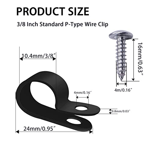 mankk 100PCS 3/8 Inch Rope Light Clips P-Style Mounting Clips Plastic Cable Clamps with Compatible Stainless Steel Pan Head Phillips Screws for Wire Management M-032-BK-LS - size: 100 Pack 3/8Inch