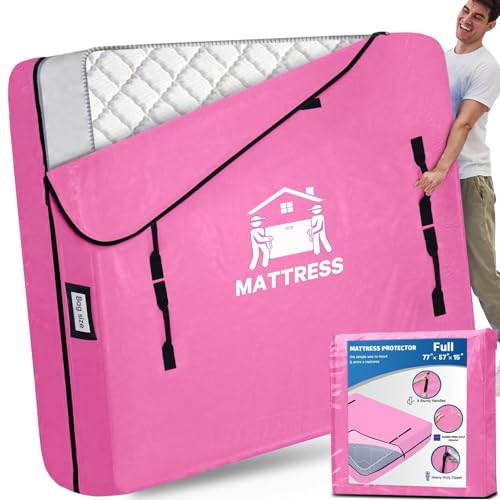 Mattress Bags for Moving, BETU Mattress Protector Waterproof Mattress Cover Full Size Storage Bags with 8 Heavy-Duty Handles and Zipper for Bed Extra Thick Large Reusable (77"x57"x15" Pink) - color: Pink, size: Full 1 Pack (77"x 57"x15")