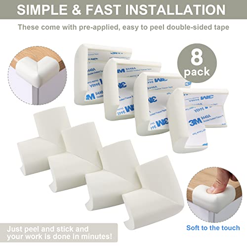 8 Pack Soft Corner Protector Baby Proofing Edge and Corner Guards, Safety Pre-Taped Rubber Foam,Child Safety Furniture Bumper, Corner Protectors for furniturey, Soft Sponge Table Corners, White - color: 8 Beige Sponge Corners