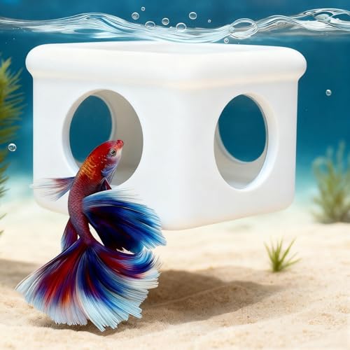 White Floating Betta Hideout with Round Side Holes – 3D Floating Breeding Box & Resting Cave with Window – Feeding Platform, Fish Shelter & Hammock for Betta, Guppies, Nano Tanks & Small Aquariums - color: C: White