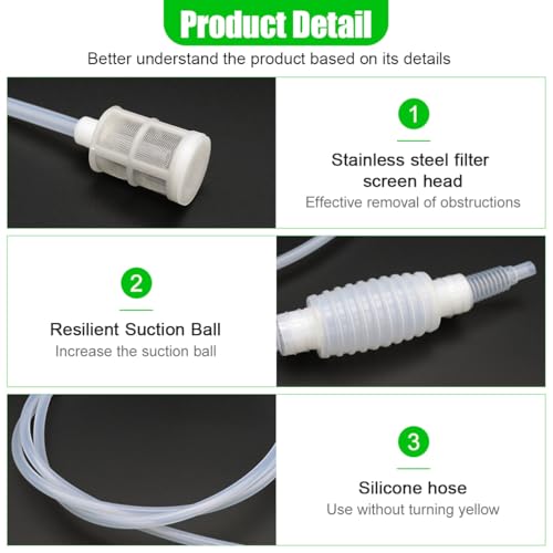 Siphon Pump, 1.6M/5.24Ft Siphon Hose for Water & Gasoline Transfer, Portable Car Manual Fuel Pump with Clip & Filter, Universal for Gasoline, Oil, Diesel, Water, Liquid (1.6M)