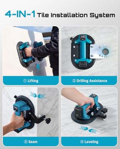 SEESII 4-in-1 Electric Suction Cups for Tile Lifting, Drill, Seam & Leveling: 10" Large Glass Suction Cup, Heavy Duty Vacuum Lifter with 280KG/617LBS Max Load, 4X 3000mAh Batteries, Digital Display - color: Cobalt Blue