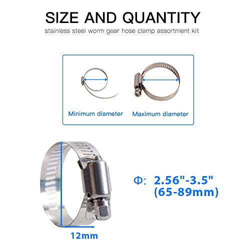Quickun 10Pcs 3" Stainless Steel Hose Clamp Worm Gear Clamps Adjustable 2.56"-3.5"(65-89mm) Range, Fuel Line Clamp for Water Pipe, Hose Clips, Automative and Mechanical Application - size: 2.56"-3.50"