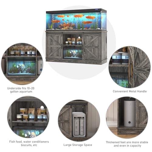 Hlivelood Farmhouse 75-120 Gallon Fish Tank Stand with Power Outlet, Aquarium Stand w/Cabinet&Sliding Barn Door, Heavy Duty Reptile Tank Stand for Fish/Turtle/Reptile Terrarium, 1000LB Capacity, Grey - color: Grey, size: 75-120 Gallon