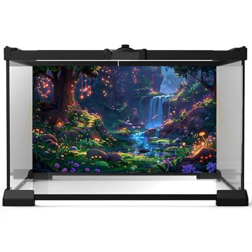 Waterfall Jungle Aquarium Background Fantasy Magic Forest Landscape Rainforest Style Fish Tank Background Tropical Flowers Mushrooms Stream Cascading Falls Reptile Tank Enclosure Backgrounds 48x18in - color: Purple_Blue, size: 48(W)x18(H)inches/ 120(W)*45
