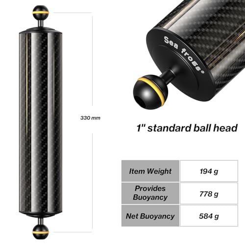 Sea frogs Carbon Fiber Float Arm D60mm, 12'', for Ultralight, Aquatic Arm, Buoyancy Provided 580g, Underwater Camera System Diving Tray Video Light/Strobe GA-8 - color: D60mm, 12'' Carbon Fiber Float Arm