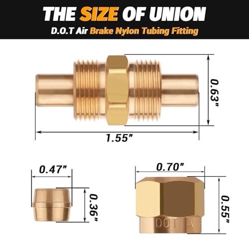 D.O.T Brass Compression Straight Union Fittings, 3/8" Air Compression Union for Nylon Tubings (Pack 4) - color: Redesigned Air Brake Fitting, size: 3/8" Od