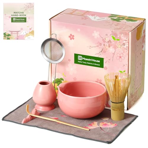Maestri House Pink Matcha Whisk Set, 7-Pc Complete Matcha Kit with Spouted Ceramic Bowl, Bamboo Whisk and Holder, Scoop, Spoon Rest & Sifter, Tea Cloth – Ideal Gift for Matcha Lovers (Pink) - color: Pink