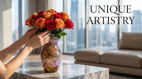 8" Amber Mosaic Vase with Gold Accents, Hand-Pasted Byzantine Glass Flower Vase, Vintage Decorative Centerpiece for Living Room, Foyer & Office - color: Amber Gold
