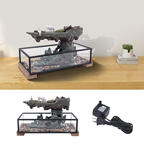 Tabletop Water Fountains Indoor Waterfall Fountain Desktop Water Ornament with Rockery, Aquariums and Stones for Office Home Decor, 16.9x8x8.1 in