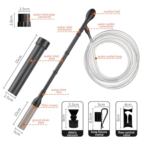 Large Gravel Vacuum for Aquarium, Adjustable Length Manual 256GPH Aquarium Gravel Cleaners, Low Water Level Fish Tank Water Changer with Suction Ball, Use for Fish Tank Cleaning Gravel and Sand