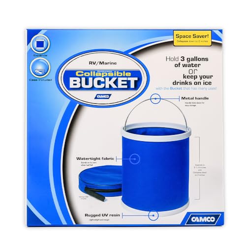 Camco Collapsible Bucket with Storage Case- Durable Pop Up Bucket with Watertight Fabric, Holds 3 Gallons of Water - Great for RVs, Camping, Fishing, Boating, Hiking and More - Blue (42993), Blank Ski - size: 2.00 L x 10.50 W x 10.50 H inches (Pack of 1)