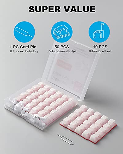 Adhesive Cable Clips White (60 PCS), Upgraded Wire Clips for Cable Management, Strong Cord Clips Wire Holders for The Wall, Under Desk, Led Strip, Electric Wires, Ethernet Cable Clips_Small - color: White, size: Small