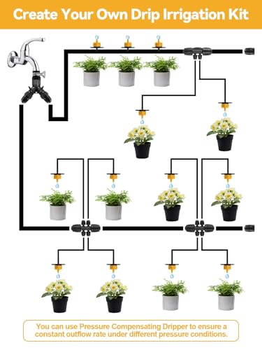 Kalolary 100PCS 1/4" Drip Irrigation Emitters, 1/2 GPH Pressure Compensating Drippers for 4/7mm Tube Micro Sprinkler Garden Constant Water Flow Head for 2L/H Pressure Drip Irrigation Parts (Yellow) - color: 1/2GPH Yellow