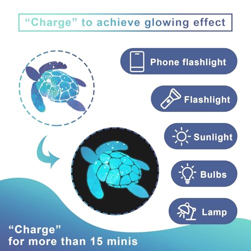 Tenare 5 Sheets Glow in The Dark Ocean Sea Turtle Wall Decals Stickers Under The Sea Stickers Seaweed Grass Jellyfish Fish Removable Vinyl Decal for Bedroom Bathroom Baby Nursery Room Wall Decor(Blue) - style: Glow Style
