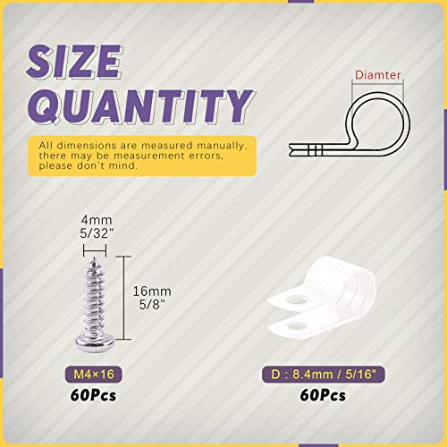 Swpeet 60 Pack White 5/16 Inch Nylon Plastic R-Type Cable Clips Clamp Kit, Nylon Screw Mounting Cord Fastener Clips with 60 Pack Screws for Wire Management (5/16 Inch, White) - color: White, size: 5/16 Inch