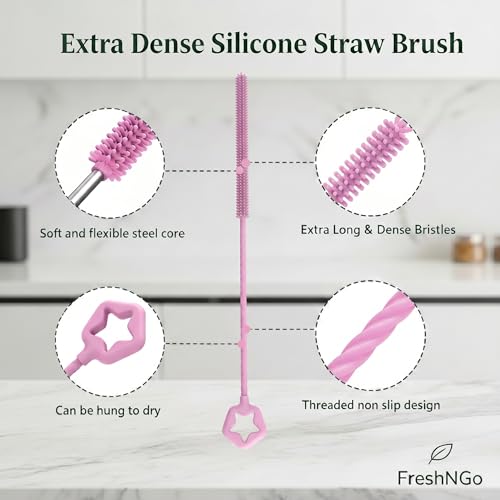 FreshNGo Silicone Straw Cleaner Brush, 4-Pcs Reusable Extra-Long Brush for Cleaning Metal & Glass Straws, Milkshake & Tumbler, 6mm+9mm, Pink(4, Pink) - color: Pink