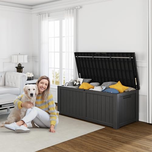 PatioZen 120 Gallon Resin Deck Box, Lockable Patio Outdoor Storage Box for Furniture, Garden Tools and Tools Storage, Waterproof Outside Storage Boxes - Black - color: Black, size: 120 Gallon