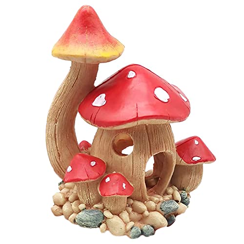 Aquarium Decorations Mushroom House Fish Tank Cave Ornament for Small Hideaway Decor Landscape Ornament for Castle Hiding Reptile Amphibian Toys Rock and Fairy Garden Decoration (Red)