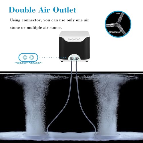 Carefree Fish 5/10W Aquarium Air Pump Dual Outlets Super Quiet Oxygen Pump with 6Ft Silicone Anti-Shedding Tubing and 2 Bubble Stones - size: 5W